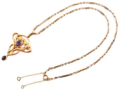 Lot 59 - Amethyst set 9ct gold Art Nouveau style drop pendant and chain