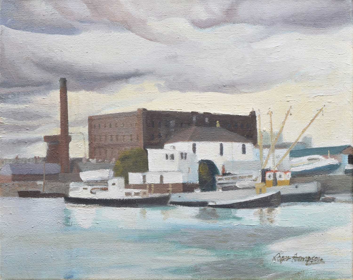 Lot 390 - Roger Hampson, "Baltic Wharf, Bristol", oil.
