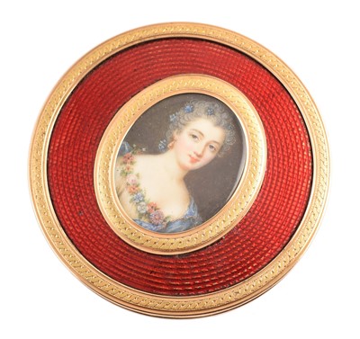 Lot 19 - French 18ct gold and enamel round powder box with portrait miniature on ivory