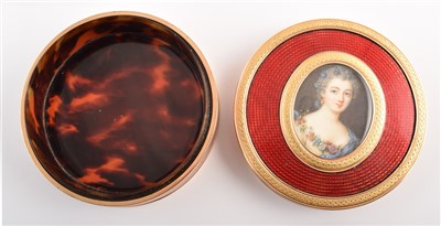 Lot 19 - French 18ct gold and enamel round powder box with portrait miniature on ivory