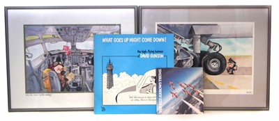 Lot 135 - After Kersten coloured cartoons "The Old Pro", "Hello This is Your Captain Speaking" and two records vynle records "What Goes Up Might Come Down", David Gunson and Red Arrows.