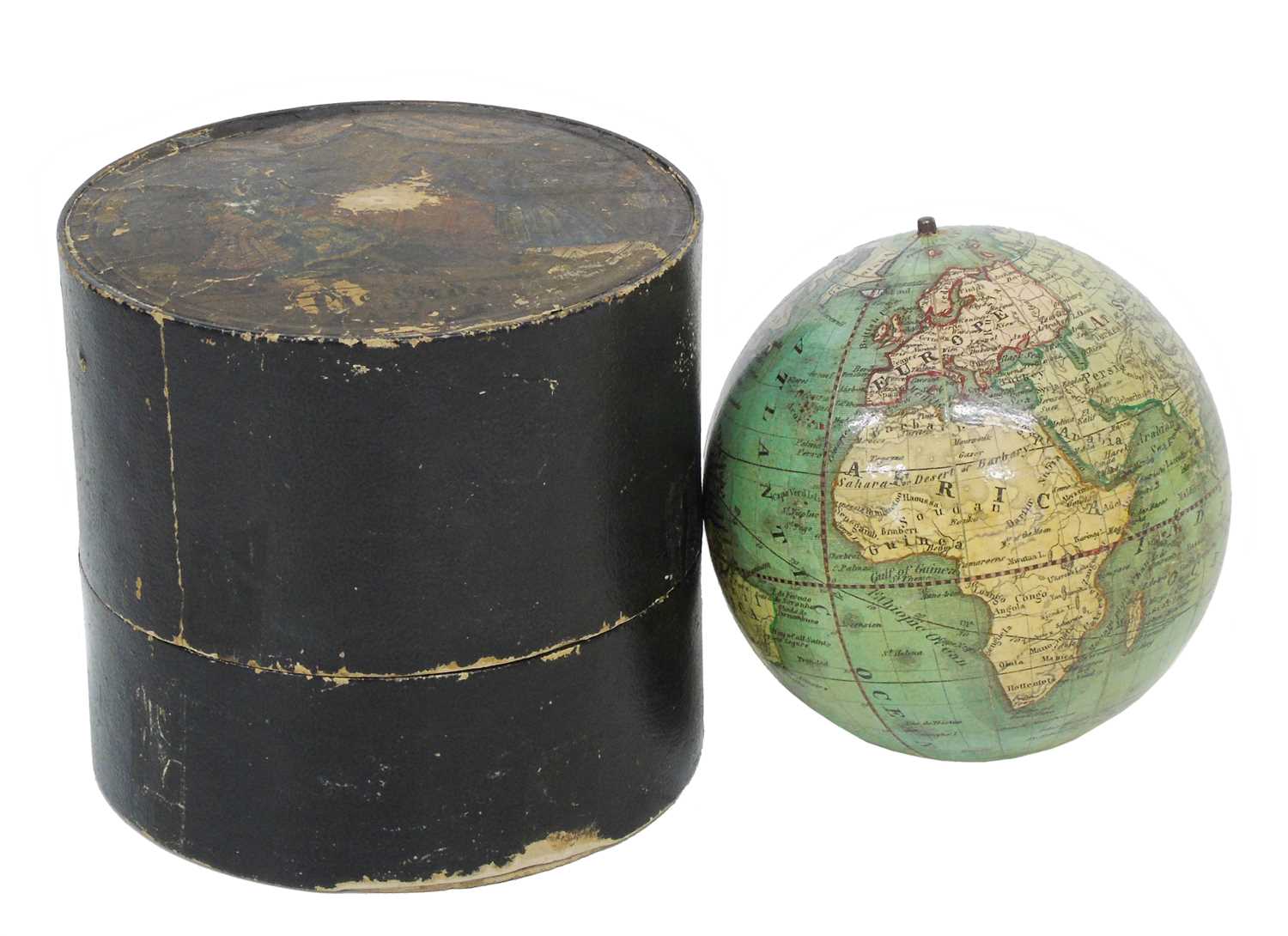 Lot 207 - Miniature globe. diameter 4", titled"The Earth" Published by C Able-Klinger in Nuremberg with original card box with picture panel top
