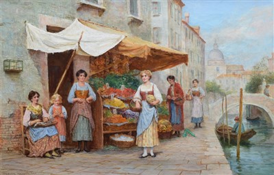Lot 419 - Trevor Haddon, "Fruit Stall, Venice", oil.