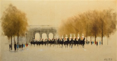 Lot 321 - A.R. Klitz, The Life Guards Household Cavalry in the Mall, oil.