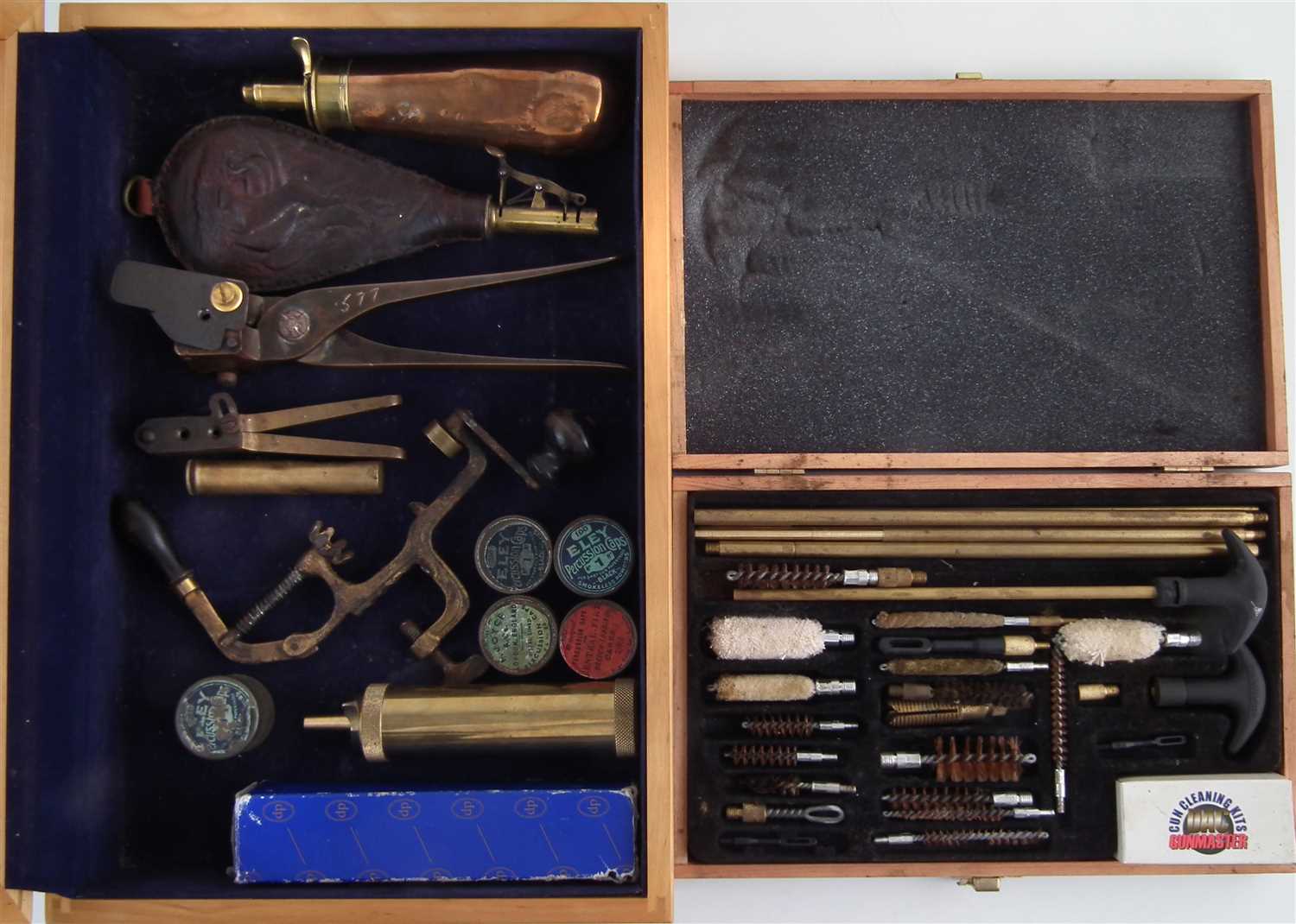 Lot 319 - Case of vintage and modern shooting accessories and a gun cleaning set.