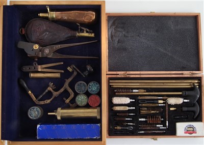Lot 319 - Case of vintage and modern shooting accessories and a gun cleaning set.