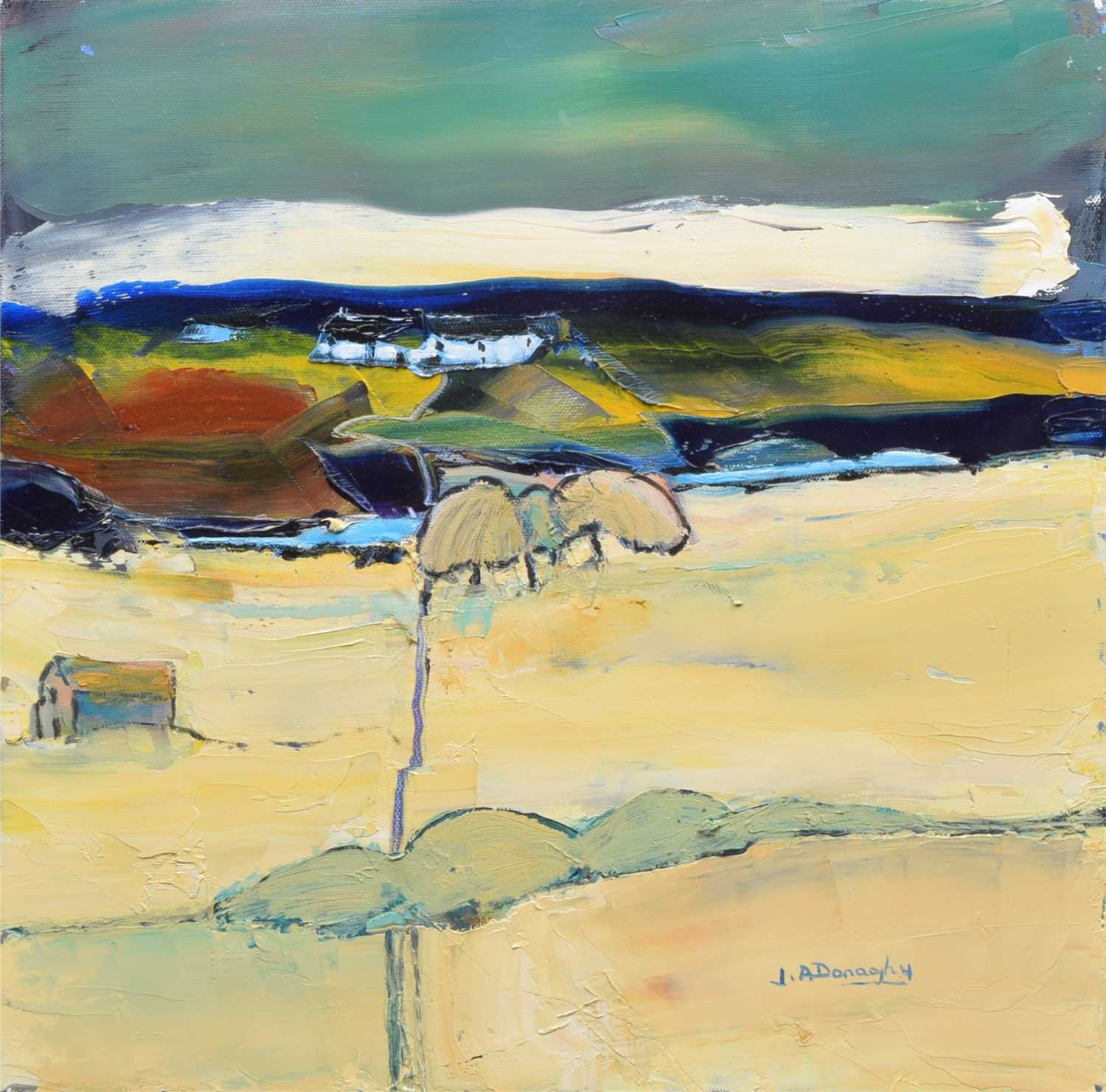 Lot 356 - Judith Donaghy, Rural view with cottages, oil.