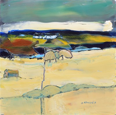 Lot 356 - Judith Donaghy, Rural view with cottages, oil.