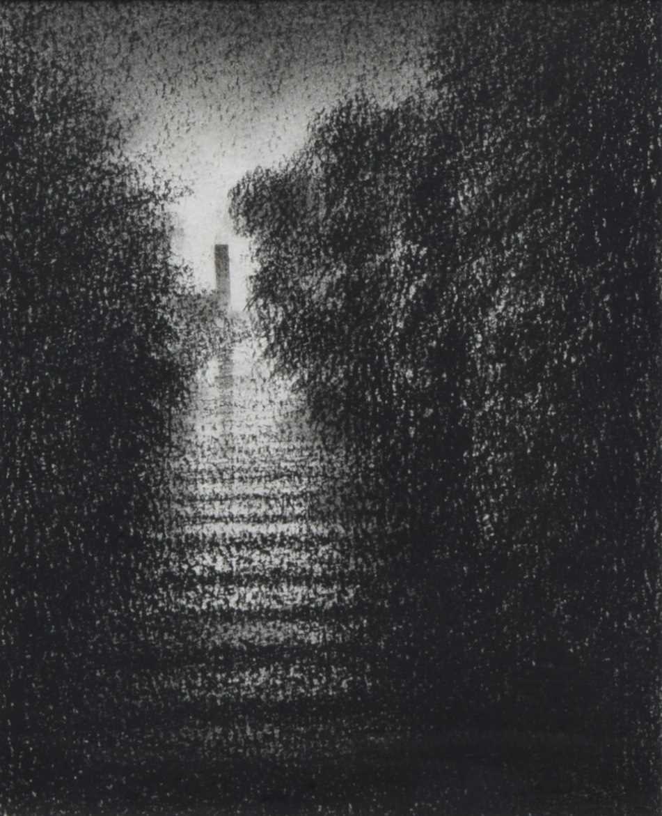 Lot 415 - Trevor Grimshaw, "Country Lane with Tower", charcoal.