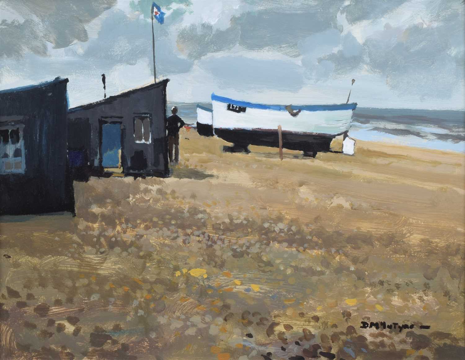 Lot 371 - Donald McIntyre, Beach scene with boats, acrylic.