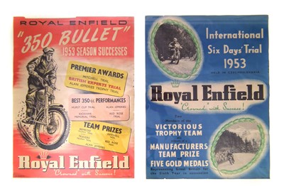 Lot 122 - Two 1953 Royal Enfield posters promoting "The 350 Bullet Season of Successes" and "International Six Days' Trial", 51cm (20") x 38cm (15").