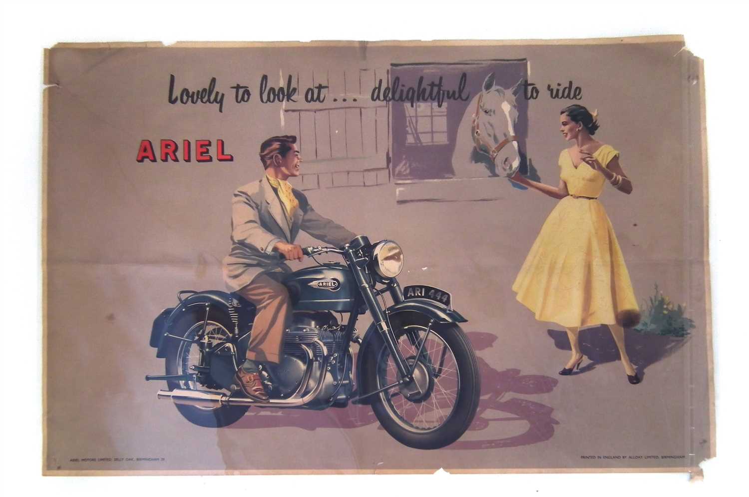 Lot 123 - Promotion poster for Ariel Motors depicting motorcycle with caption "Lovely to look at....... Delightful to ride" printed by Allday Birmingham, 52cm (21") x 77cm (30").