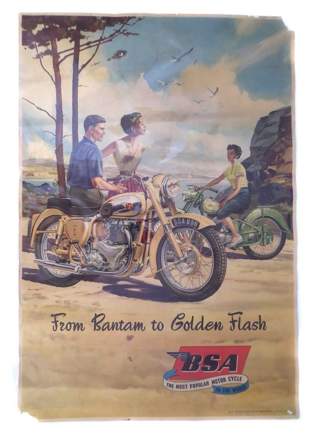 Lot 125 - BSA promotion poster "From Bantam to Golden Flash" depicting two BSA motorcycles, 74cm (29") x 50cm (20").