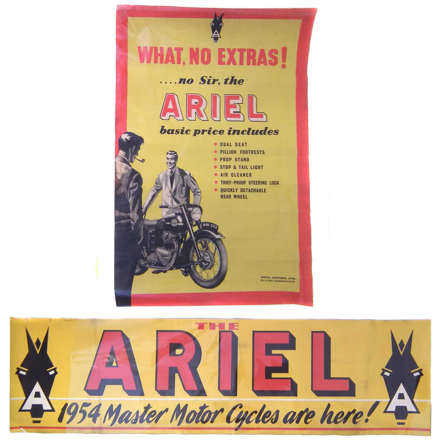 Lot 128 - Ariel Motorcycle promotion poster "What No Extras!" 76cm (30") x 50cm (20") and a 1954 Ariel Banner poster (24cm (9.5") x 89cm (35").