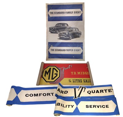 Lot 129 - Poster promoting Triumph Family Eight and Super Eight 76cm (30") x 50cm (20"), also a poster promoting the MG TD Midget 1 1/4 litre saloon, 51cm (20") x 152cm (60") and one other banner poster for...