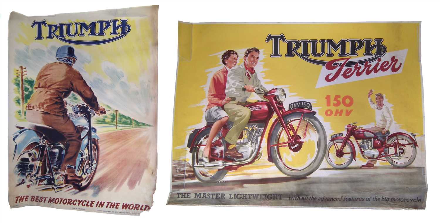 Lot 131 - Poster "Triumph The Best in the World", 102cm (40") x 74cm (29") and one other poster promoting "Triumph Terrier 150cc OHV", 74cm (29") x 102cm (40").