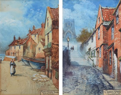 Lot 437 - Walter Hayward-Young, "Robin Hood's Town" and "Church Stairs, Scarborough", watercolour (2).