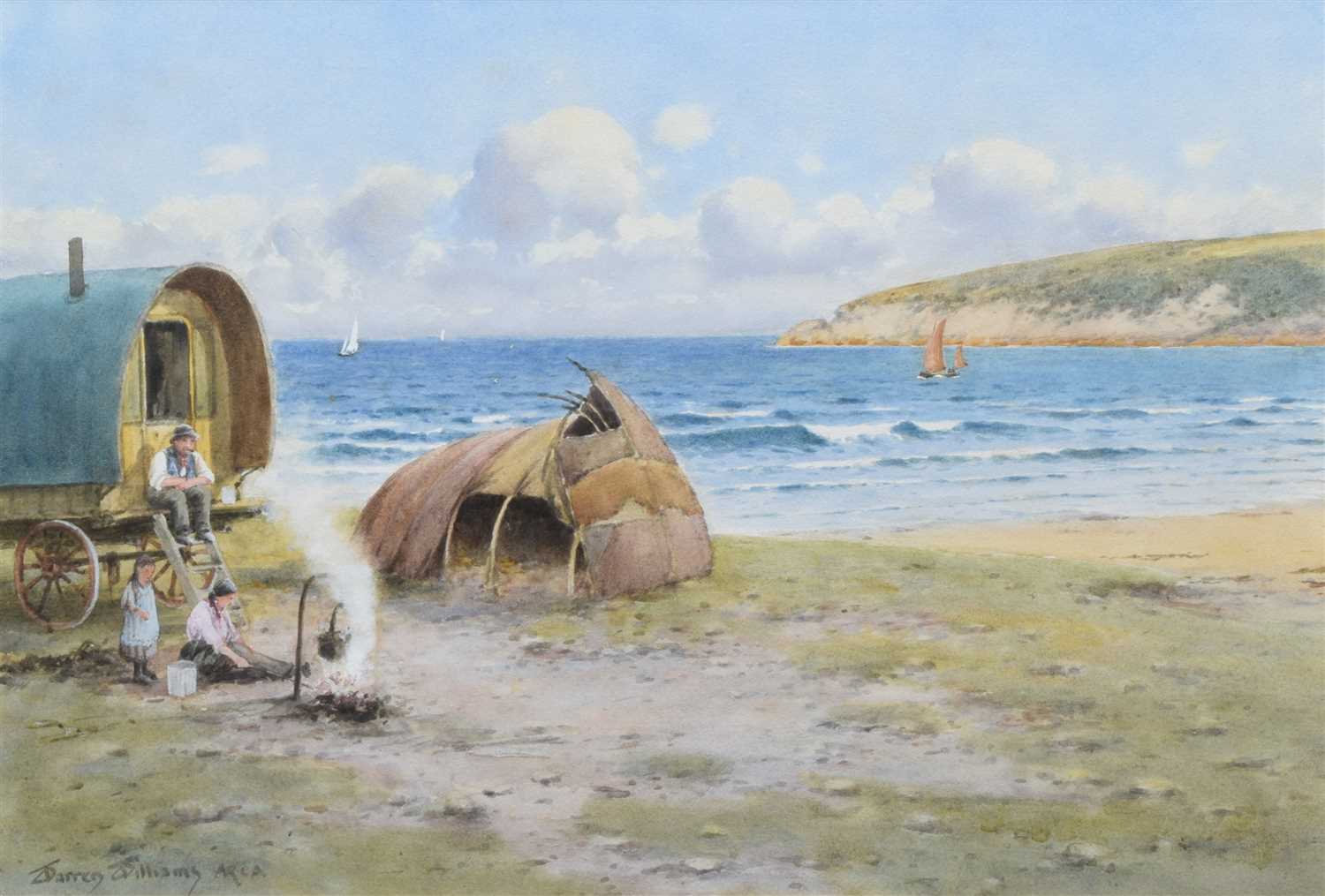 Lot 442 - Warren Williams, Coastal scene with travellers on the beach, watercolour.