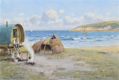 Lot 442 - Warren Williams, Coastal scene with travellers on the beach, watercolour.