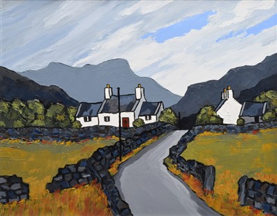 Lot 353 - David Barnes, "Snowdonian Cottages", oil.