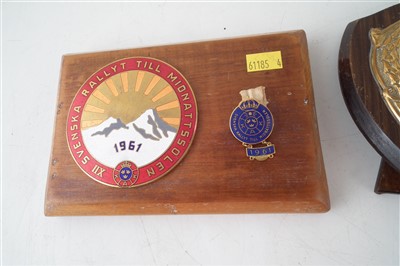 Lot 199 - Rally to the Midnight Sun car badge on wooden plaque,1961.