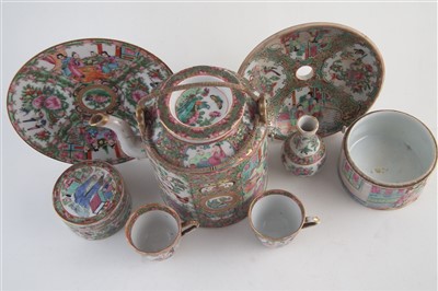 Lot 267 - Early 20th century Cantonese polychrome enamel tea pot and a mixed group of Chinese export famile rose china.