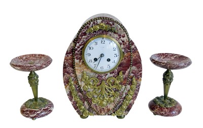 Lot 297 - Late 19th century three-piece clock garniture.