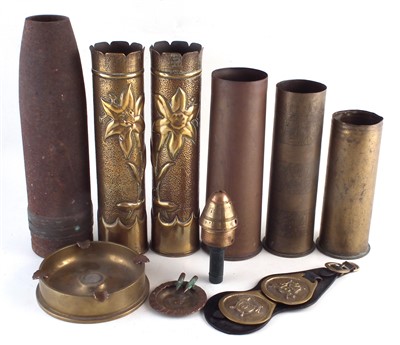Lot 302 - Five shell cases, bullet head, detonator, two trench art ashtrays and 16th Lancers Horse Brasses.