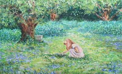 Lot 345 - Sheila Hanley, "Picking Flowers", oil.