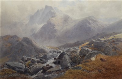 Lot 440 - James J. Curnock, "Tryfan, North Wales", watercolour.