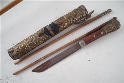 Lot 173 - Tibetan knife and chopstick set, a crossbow and arrows and three other arrows.