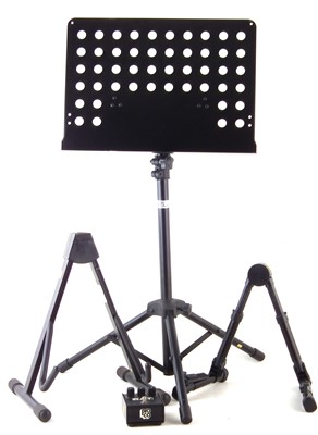 Lot 73 - Two guitar stands, a Pro Co Rat pedal, and a music stand