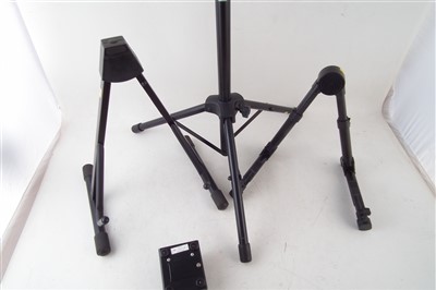 Lot 73 - Two guitar stands, a Pro Co Rat pedal, and a music stand