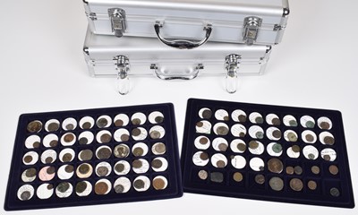 Lot 199 - Collection of ancient Roman and Egyptian coins and two coin cases.