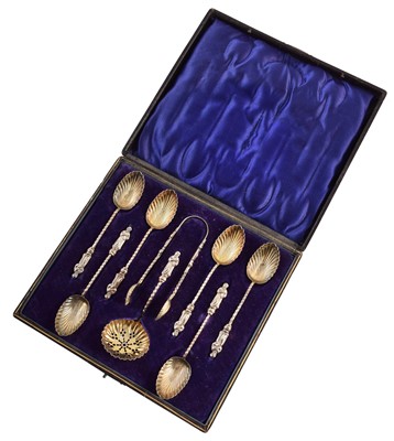Lot 64 - Boxed set of six silver apostle spoons, tongs and strainer.