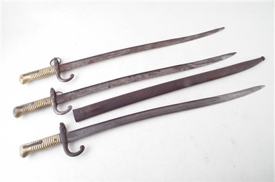Lot 108 - Three 1866 Chassepot Bayonets, one with scabbard