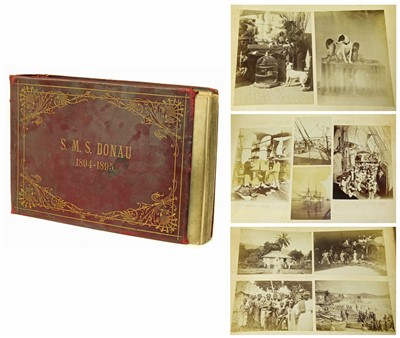 Lot 245 - S.M.S. Donau 1894-1895 album with gold embossed red leather binding containing 194 photographs depicting the 1894/5 voyage of Donau.