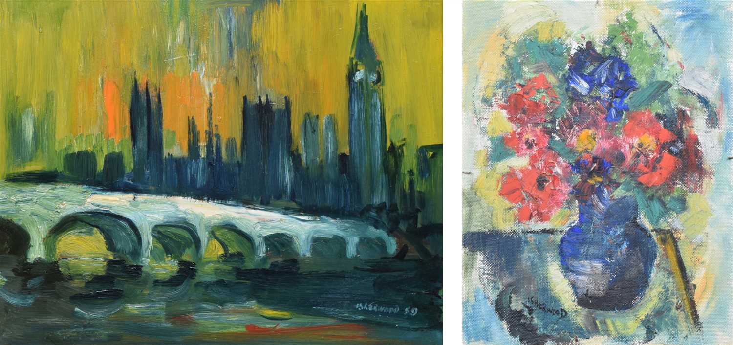 Lot 369 - J. L. Isherwood, "The Houses of Parliament" and floral still life on verso, oil (double sided).
