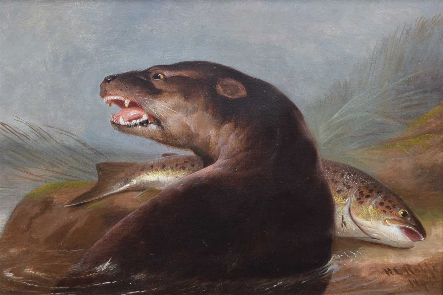 Lot 446 - H.L. Rolfe, 19th century, Otter with fish, oil.