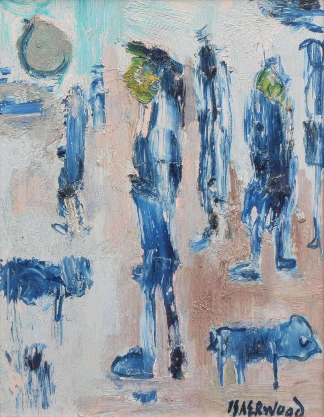 Lot 374 - J.L.  Isherwood, "Blue Figures", oil.