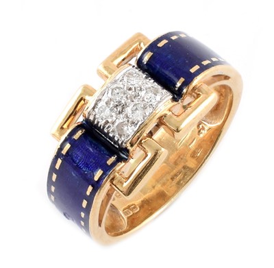 Lot 122 - A 1960's diamond rectangular cluster and blue enamel 18ct gold ring