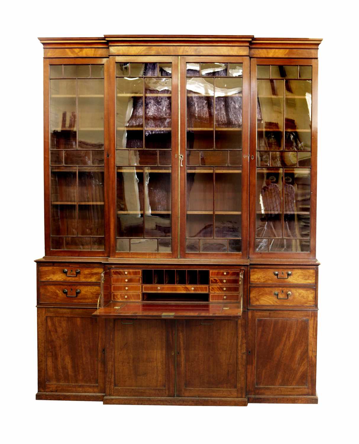 492 - George III mahogany breakfront secretaire bookcase.