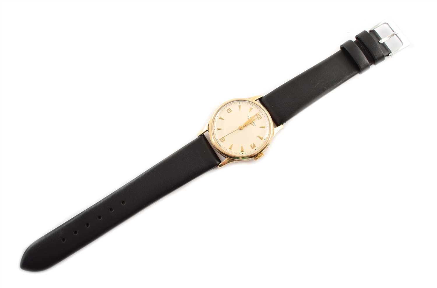 Lot 138 - A Gent's vintage Longines yellow gold wristwatch on a later leather strap.