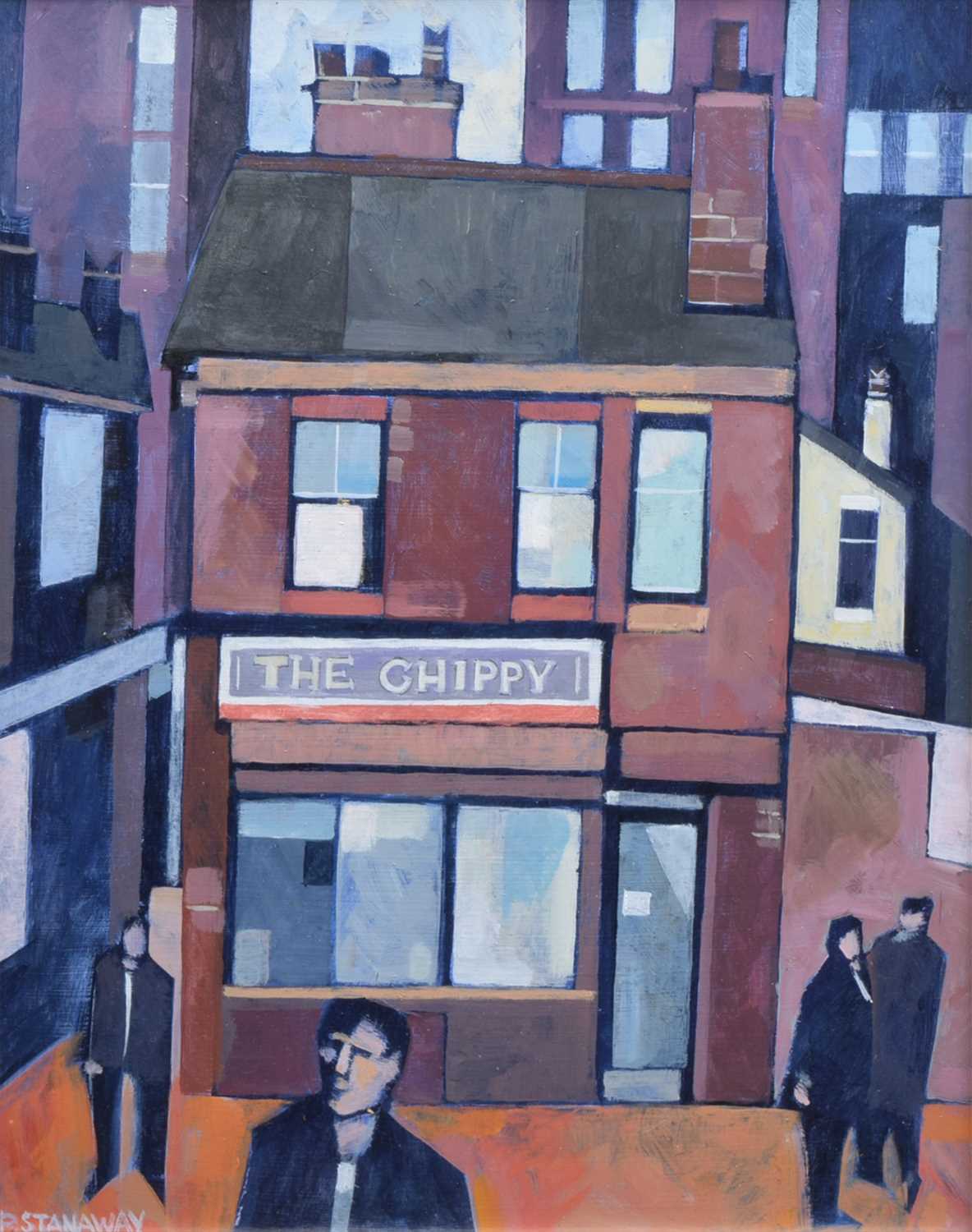 Lot 395 - Peter Stanaway, "The Chippy, Miles Platting", acrylic.