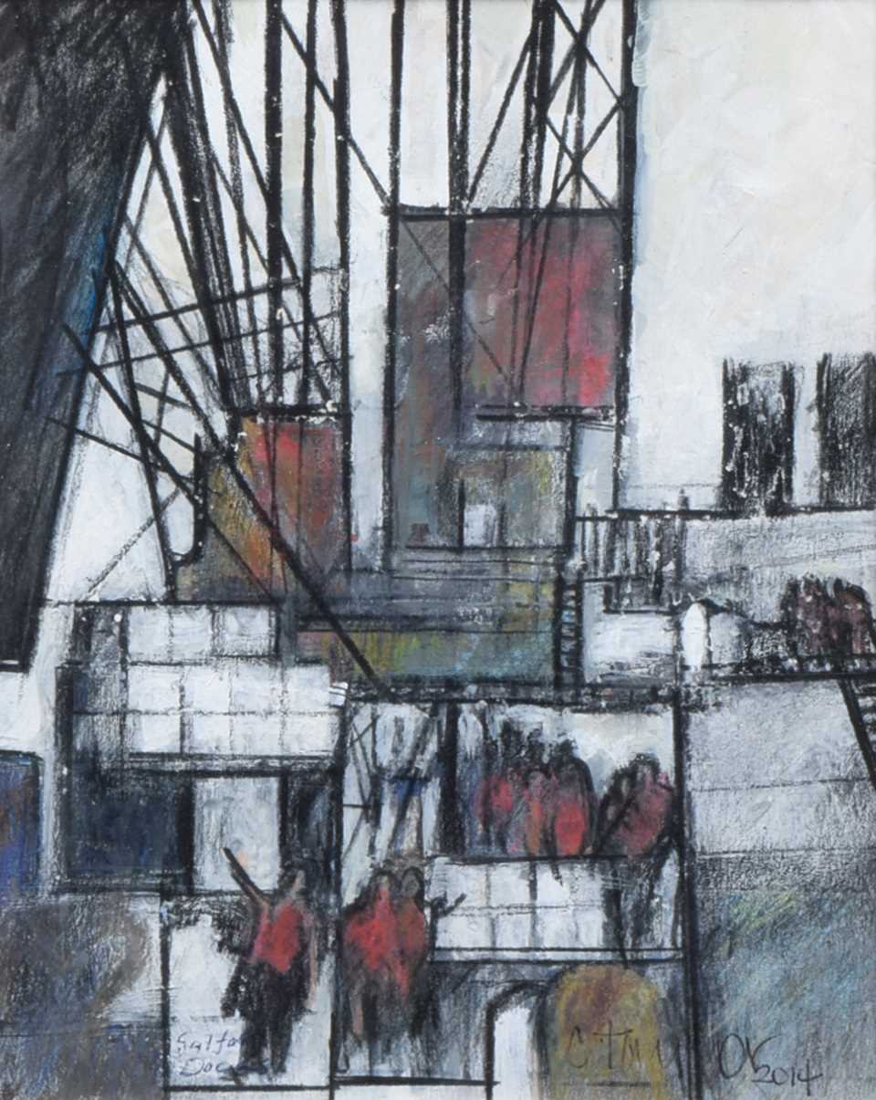 Lot 418 - Constance Taylor, "Salford Docks", mixed media.