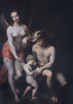 Lot 437 - After Correggio, "Venus with Mercury and Cupid ('The School of Love')", oil.