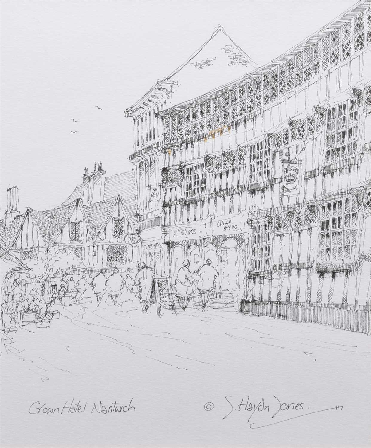 Lot 513 - John Haydn Jones, "Crown Hotel, Nantwich", pen and ink drawing.