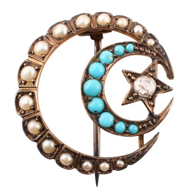 Lot 90 - Victorian pearl, turquoise and diamond double crescent brooch.