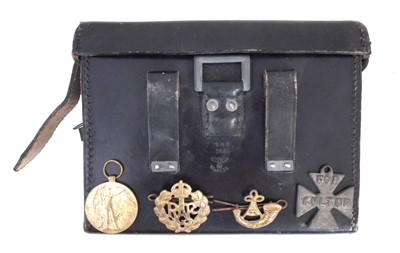 Lot 198 - Third Reich German leather pouch, two medals and two cap badges