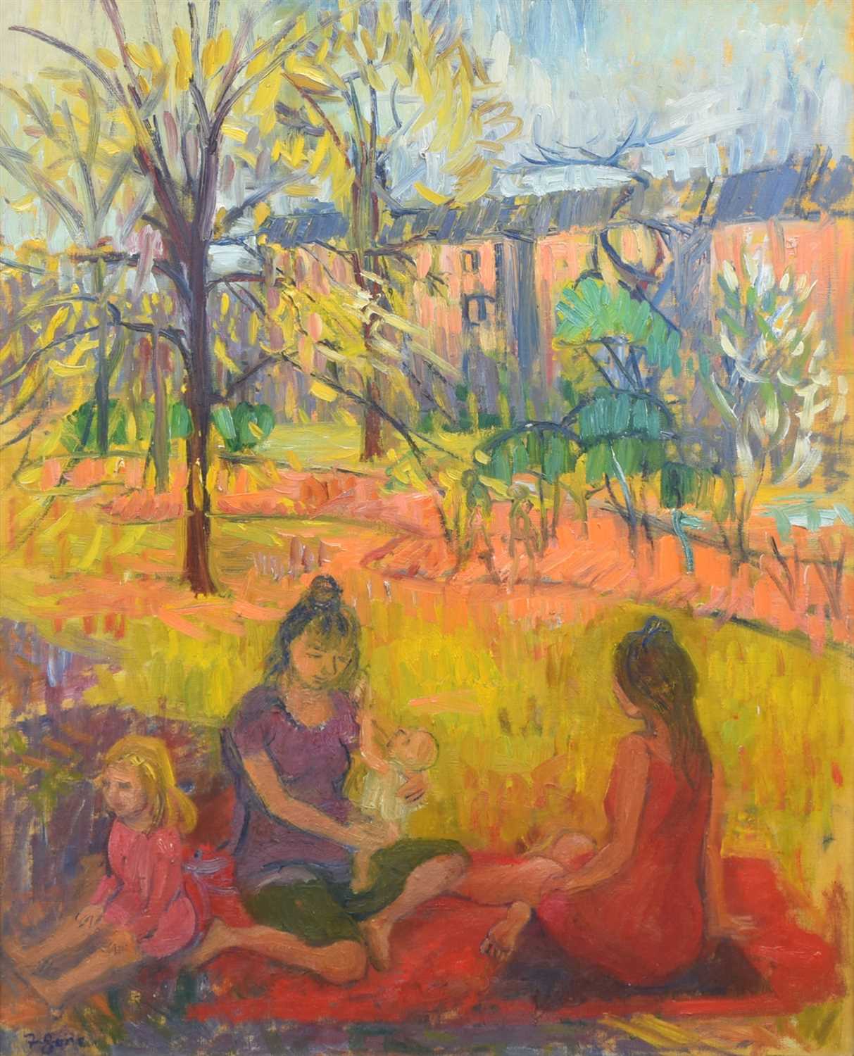 Lot 376 - Frederick Gore (British, 1913-2009), "The Picnic", signed, oil on canvas.